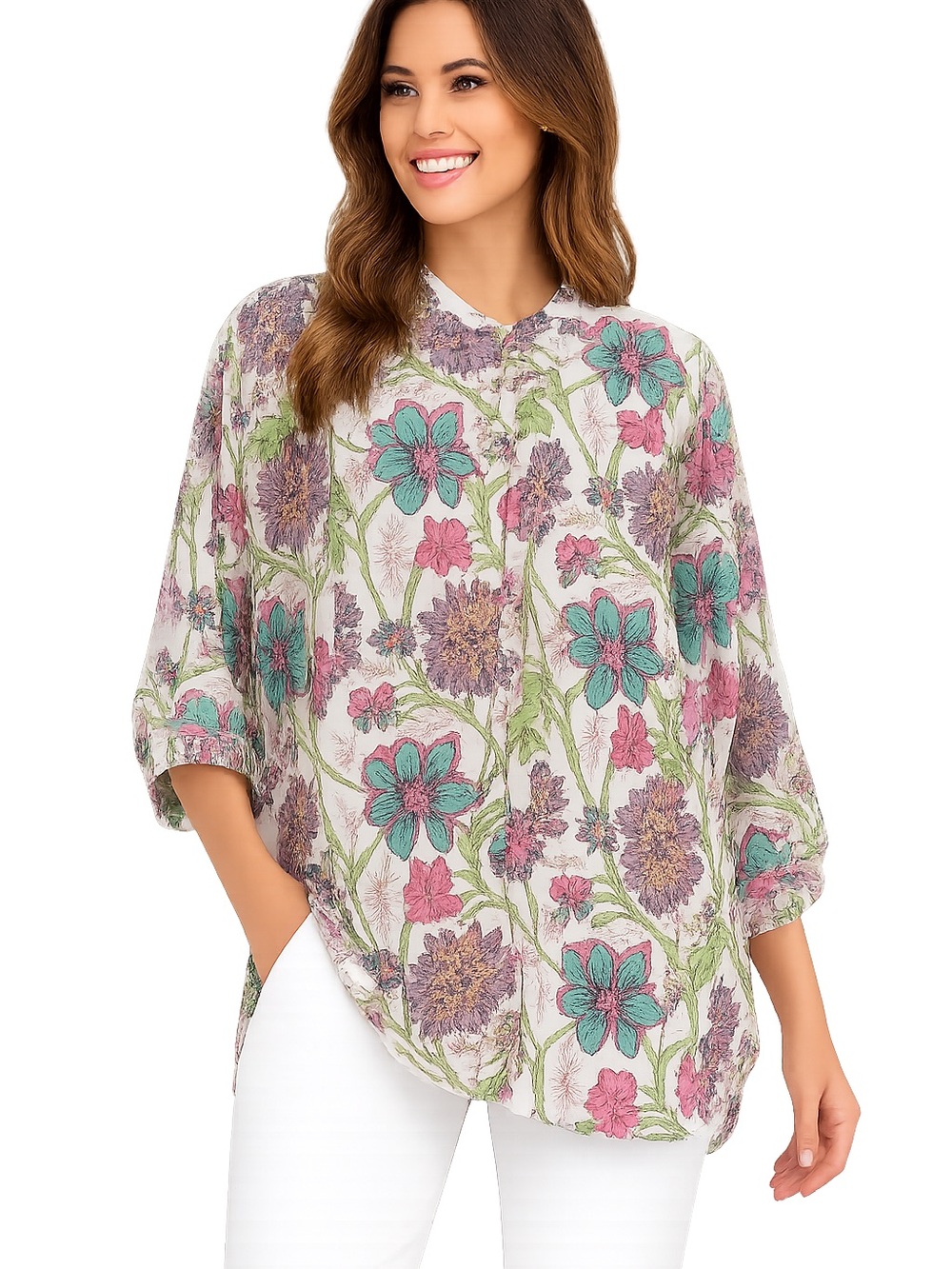 Madison Mathews Floral Tunic Blouse Women’s XS Boho Pink Blue India